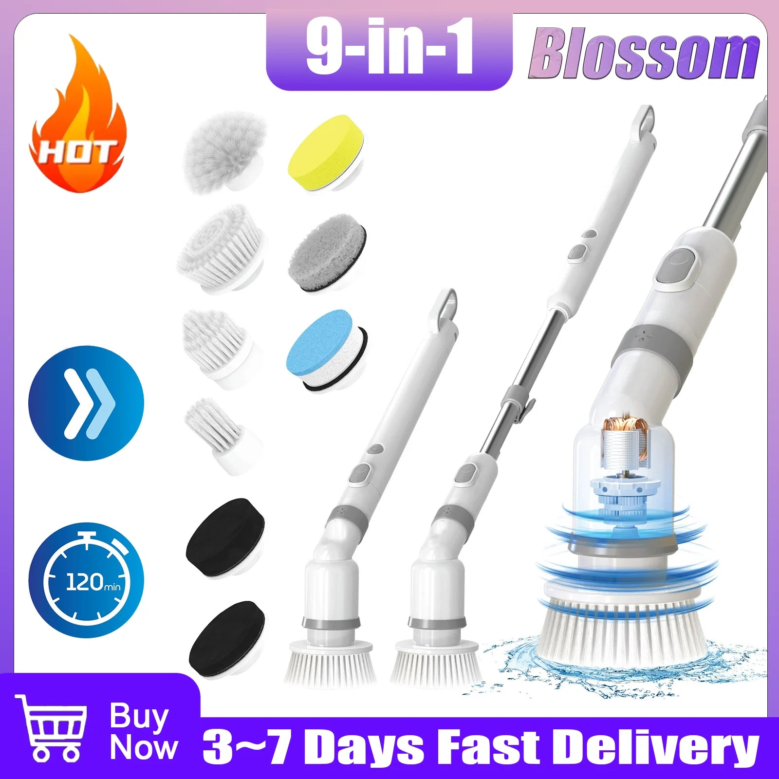 HydroBloss-Brosse de nettoyage électrique Blossom 9 en 1 sans fil, brosse rotative électrique avec manche extensible de 114 cm, étanche IPX7