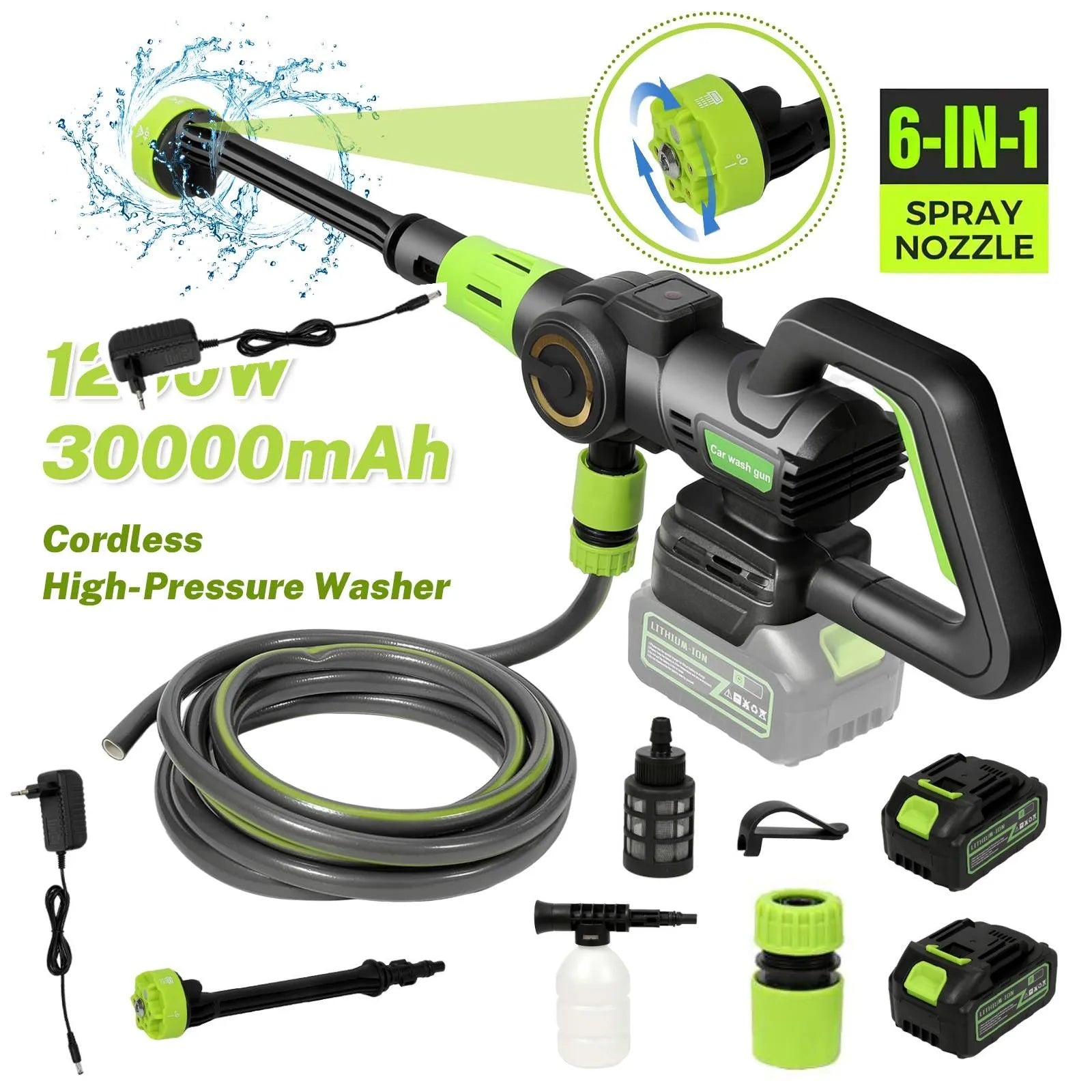 HydroForce 120 Pro-Nettoyeur haute pression sans balais 120 bars, pistolet à eau 1200 W, buses multifonctions 6 en 1, lavage de voiture à mousse sans fil