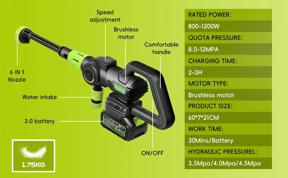 HydroForce 120 Pro-Nettoyeur haute pression sans balais 120 bars, pistolet à eau 1200 W, buses multifonctions 6 en 1, lavage de voiture à mousse sans fil