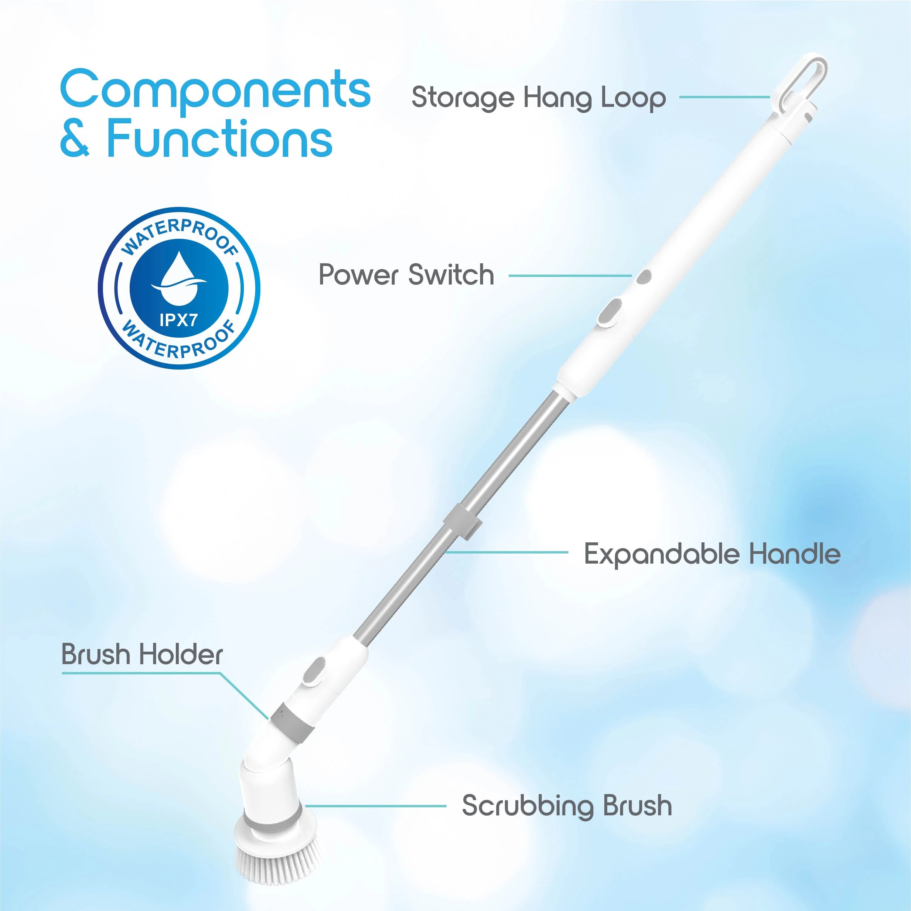 HydroBloss-Brosse de nettoyage électrique Blossom 9 en 1 sans fil, brosse rotative électrique avec manche extensible de 114 cm, étanche IPX7